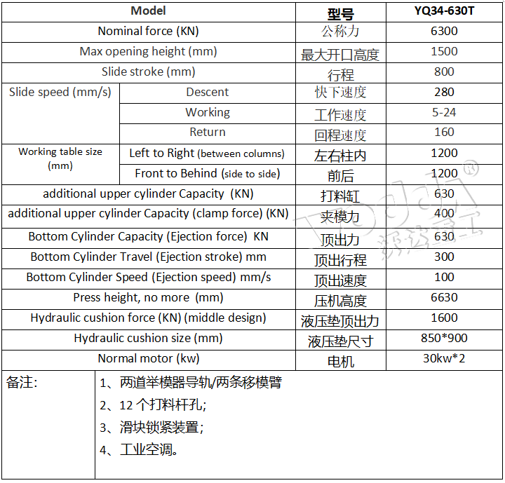 630噸框架液壓機參數